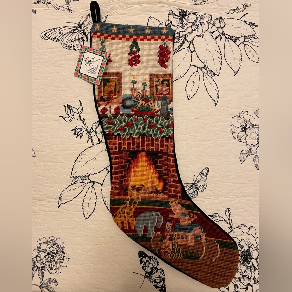 Vintage Christmas Fireplace Handmade Needlepoint Stocking NWT